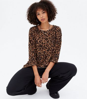 Tall Brown Leopard Print Fine Knit Step Hem Top