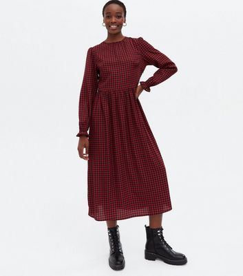 Red check 2024 midi dress