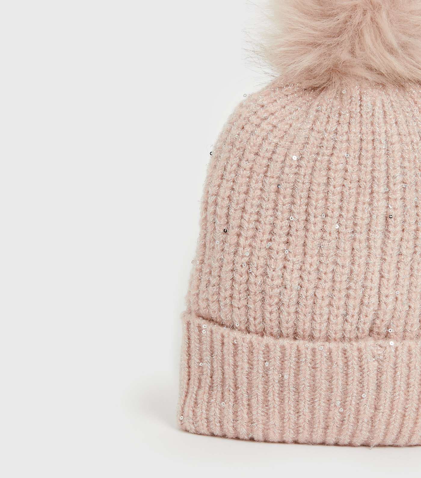 Girls Pink Ribbed Knit Sequin Bobble Hat Image 3