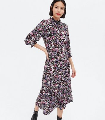 Blue Vanilla Black Floral Frill High Neck Midi Dress New Look