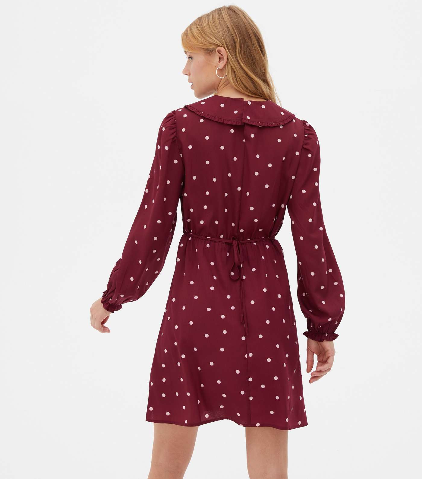 Burgundy Spot Frill Collar Tie Waist Mini Dress Image 4