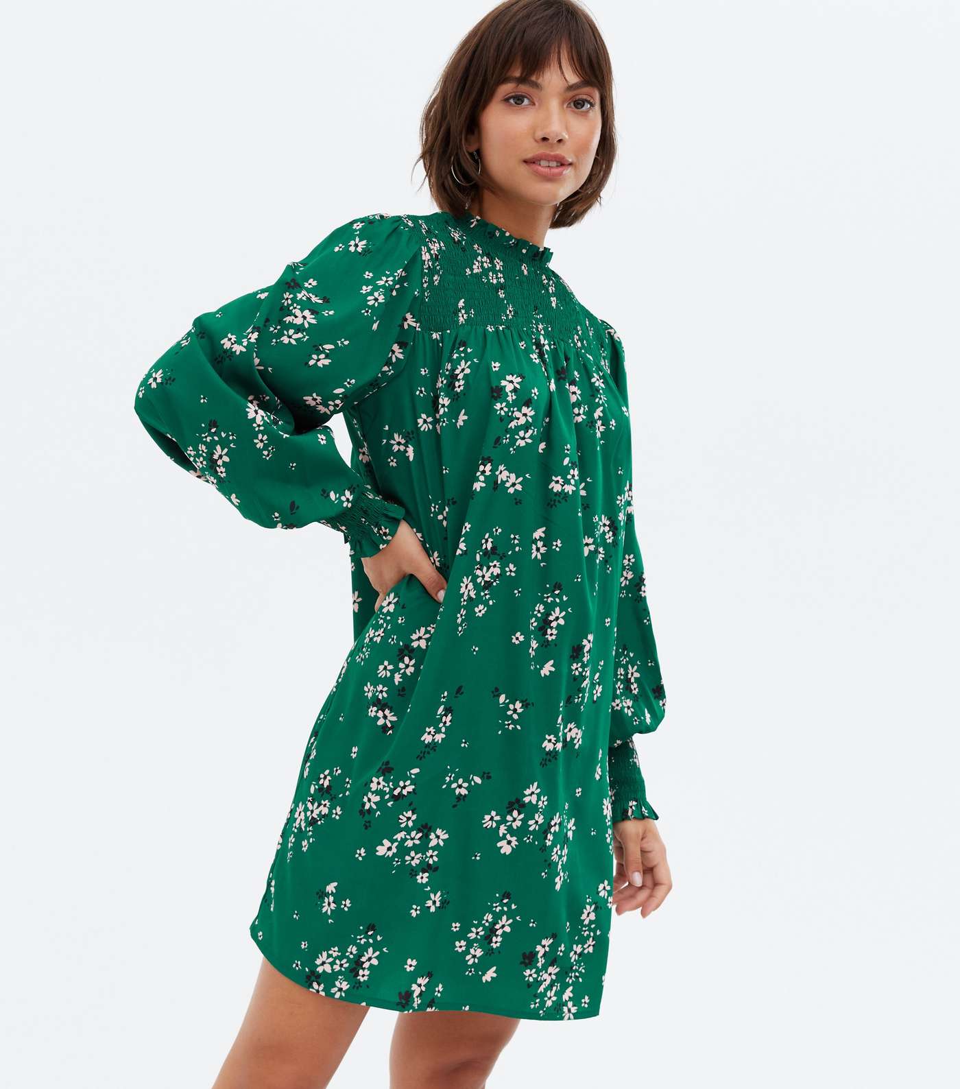 Green Floral Shirred Frill High Neck Mini Dress