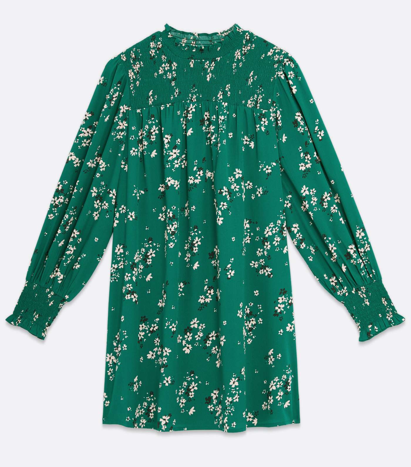 Green Floral Shirred Frill High Neck Mini Dress Image 5