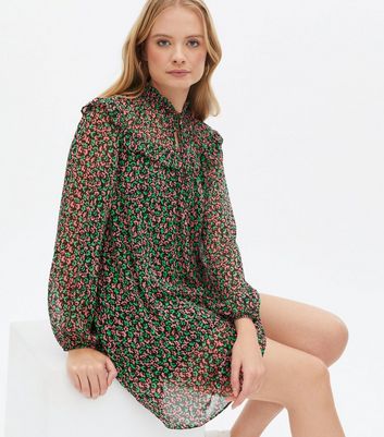 Green Ditsy Floral Chiffon Frill Yoke Tie Neck Mini Dress