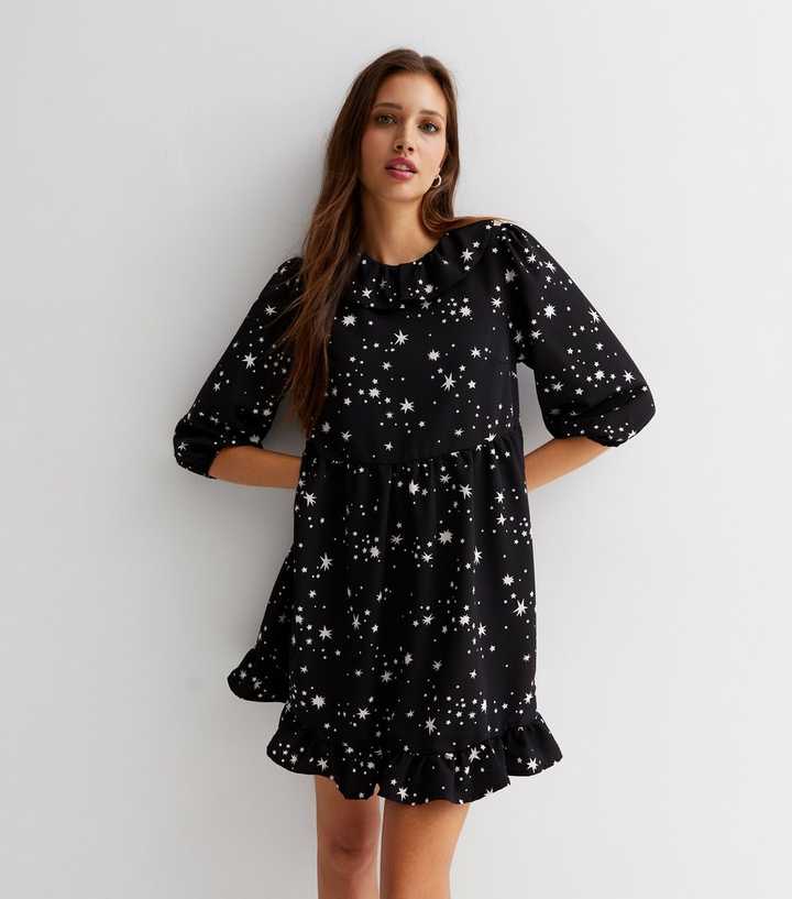 Black Star Collared Frill Mini Tea Dress