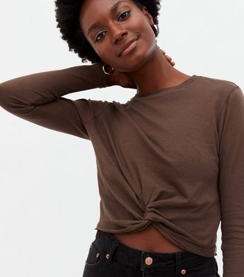Dark Brown Twist Front Long Sleeve Top 