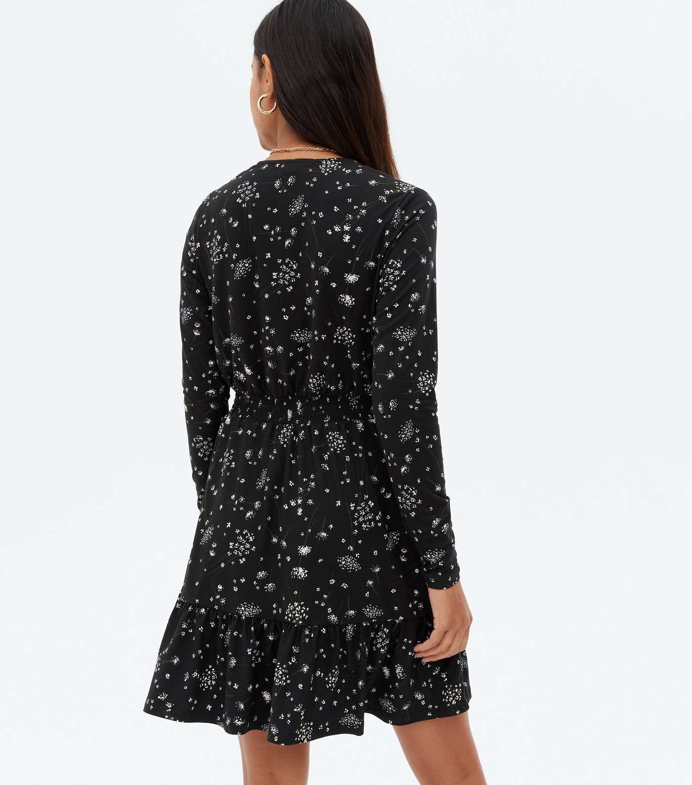 Black Floral Shirred Long Sleeve Mini Wrap Dress Image 4