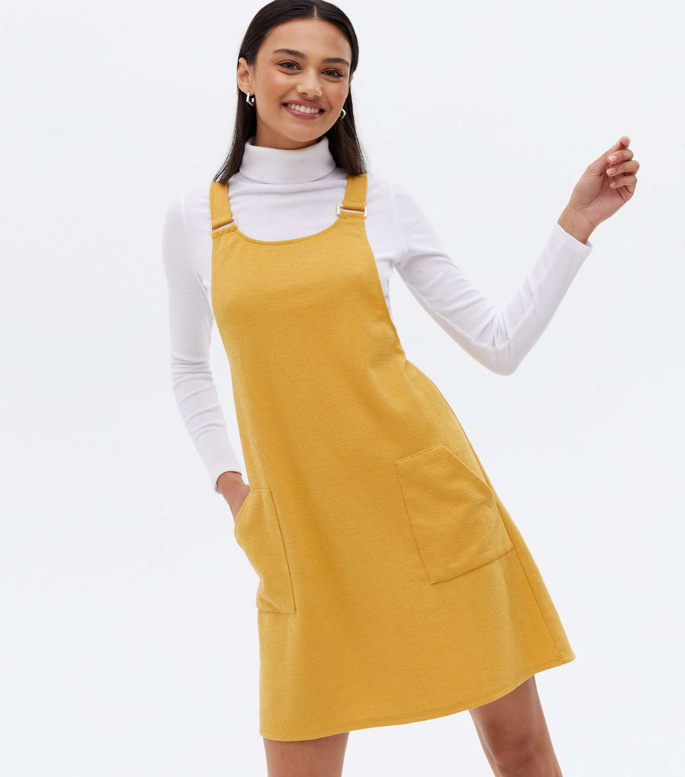 Mustard Crepe Pocket Front Pinafore Dress