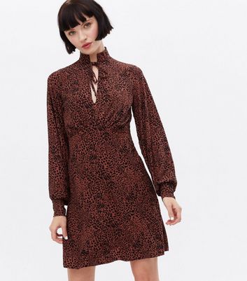 Rust Animal Print Tie High Neck Mini Dress New Look