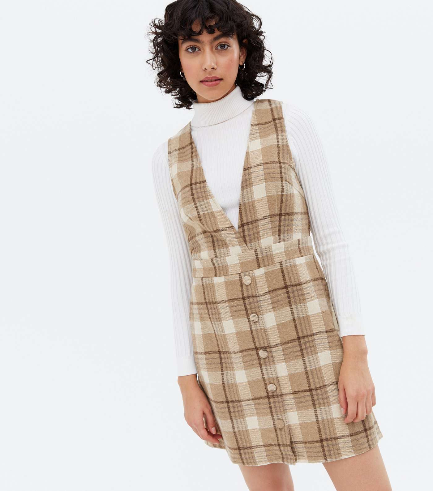 Brown Check V Neck Button Front Pinafore Dress