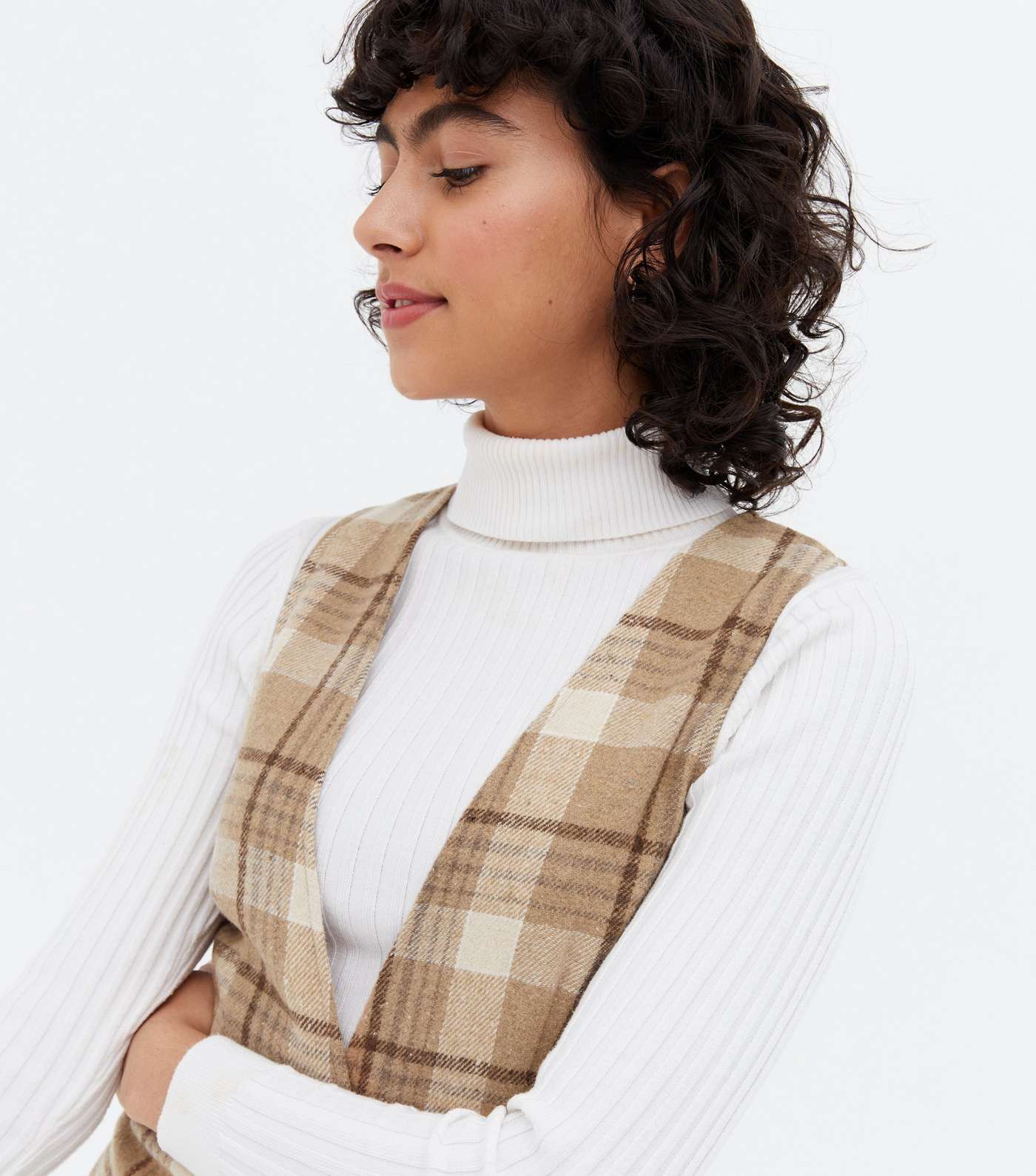 Brown Check V Neck Button Front Pinafore Dress Image 3