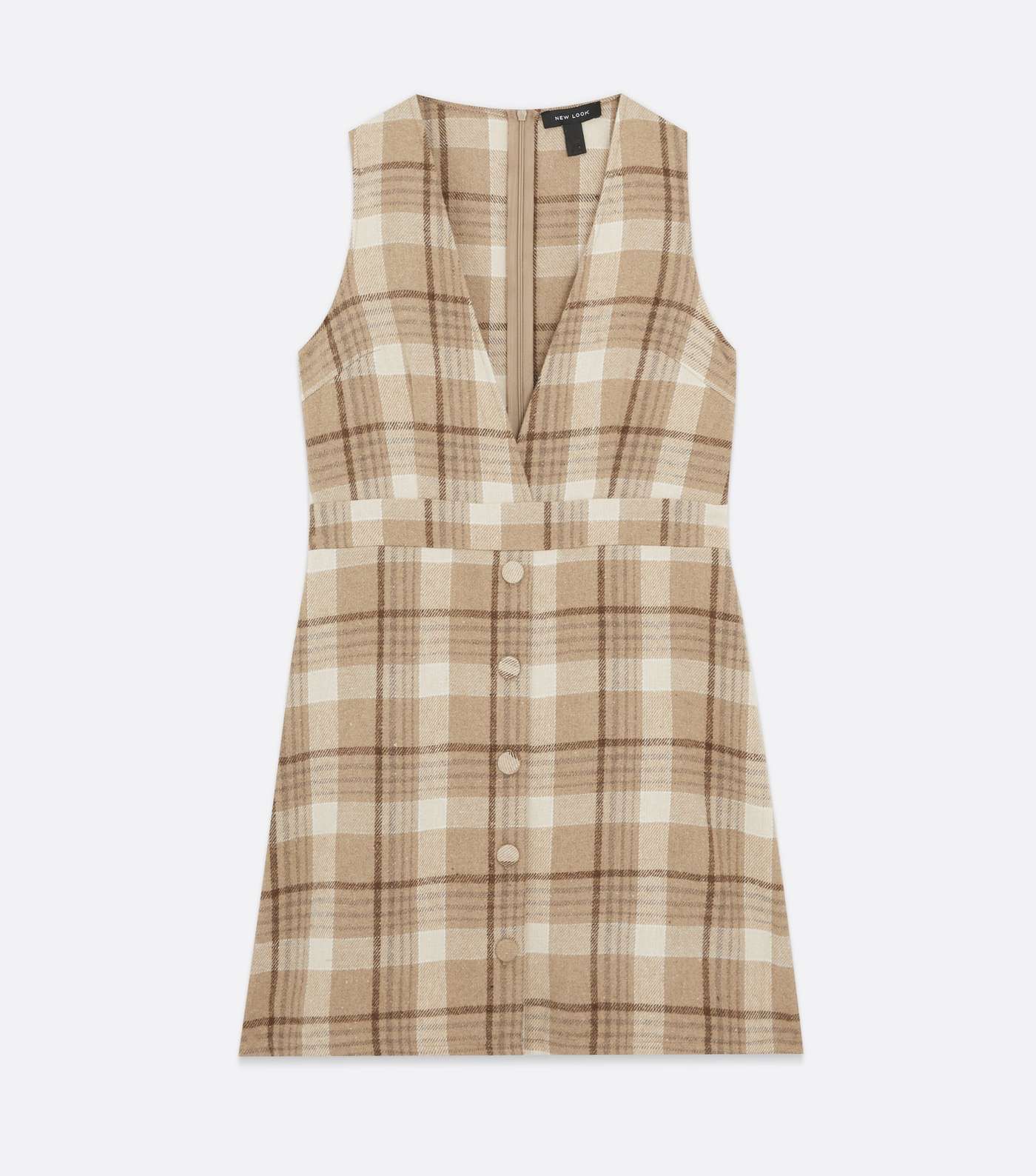 Brown Check V Neck Button Front Pinafore Dress Image 5