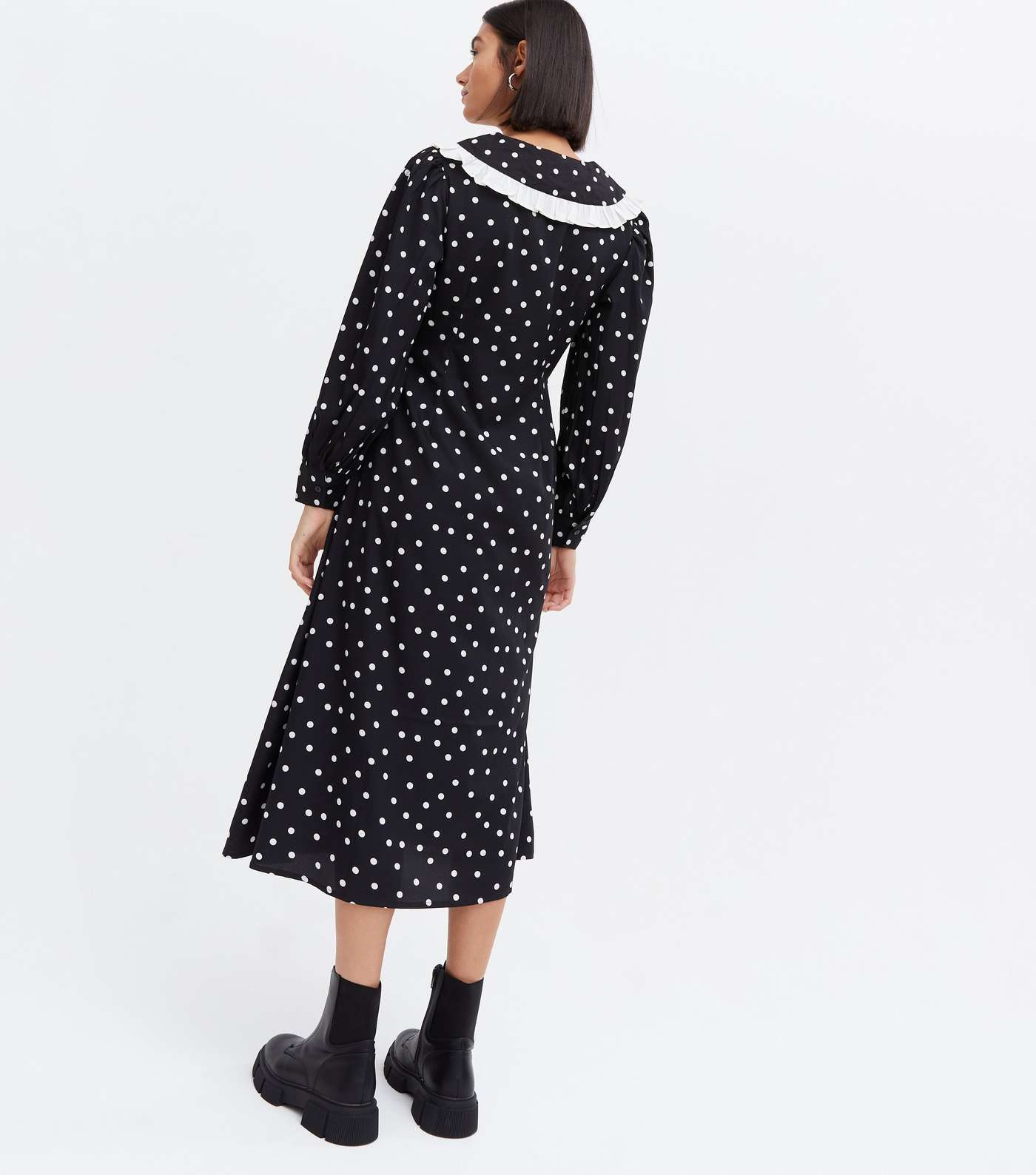 Black Spot Frill Collar Long Sleeve Midi Dress Image 4