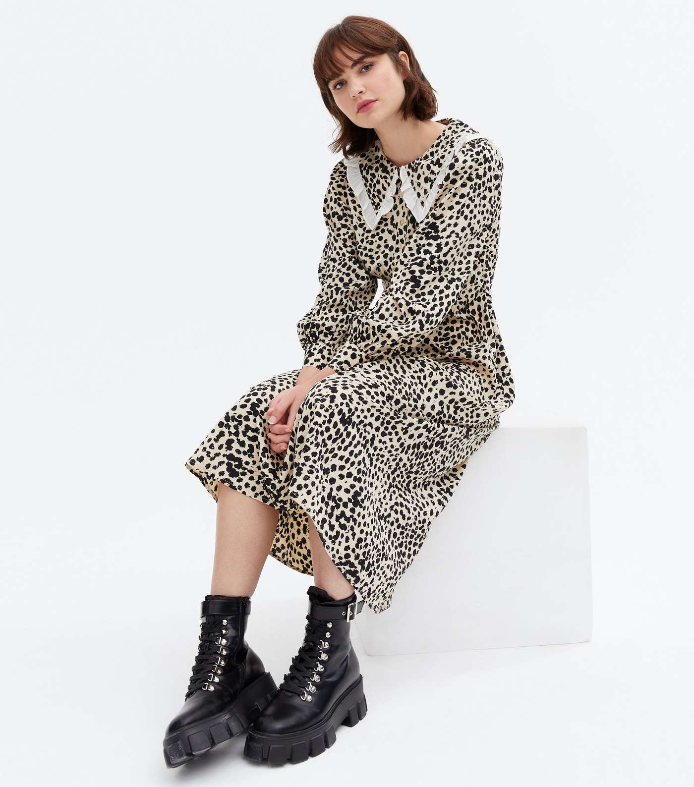 Brown Leopard Print Frill Collar Long Sleeve Midi Dress