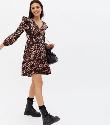 Black Floral Ruffle Tiered Mini Dress