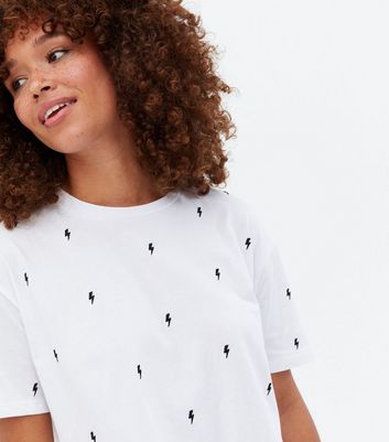 White Lightning Bolt Embroidered Boxy T 