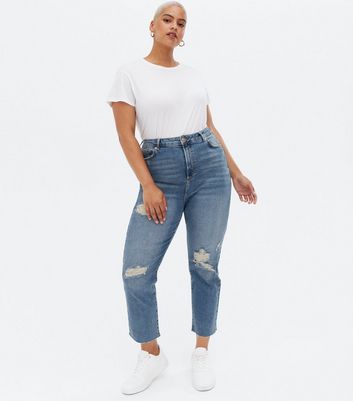 Curves Blue Ripped Ankle Grazing Hannah Straight Leg Jeans