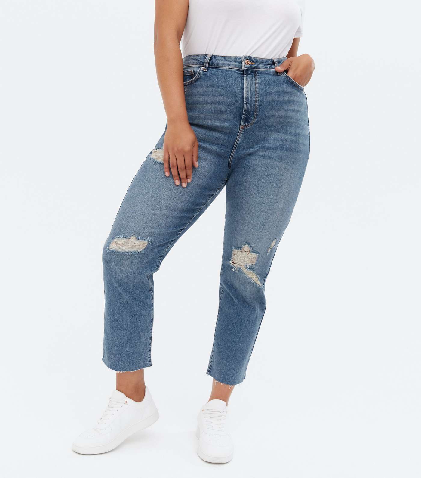 Curves Blue Ripped Ankle Grazing Hannah Straight Leg Jeans Image 2