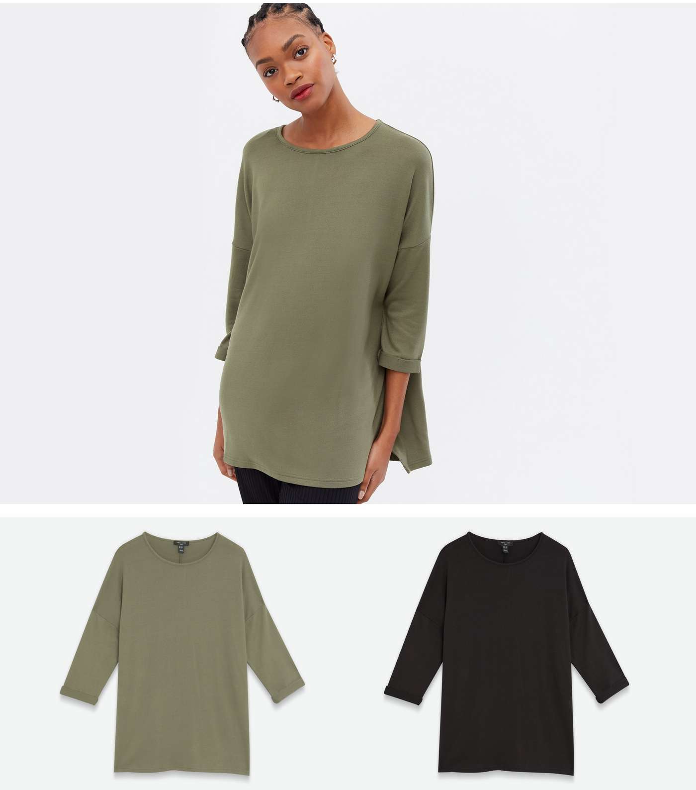 Tall 2 Pack Khaki and Black Fine Knit 3/4 Sleeve Long Tops