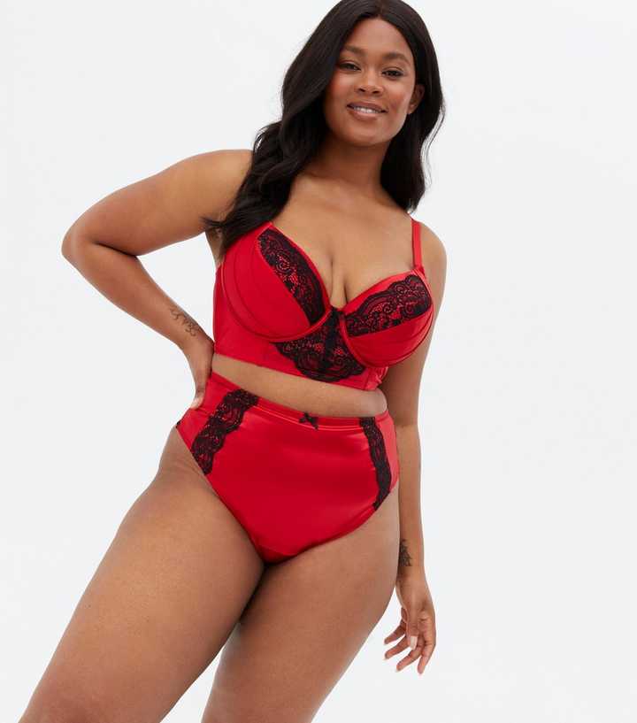 Curves Red Satin Lace Trim Pleated Push Up Bra