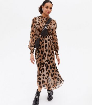 Brown Leopard Print Chiffon Shirred High Neck Midi Dress New Look