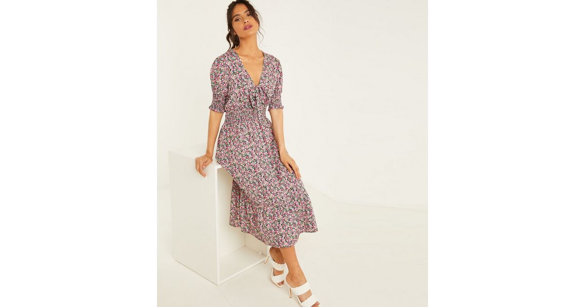 QUIZ Mid Pink Ditsy Floral Tie Front Tiered Midi Dress | New Look