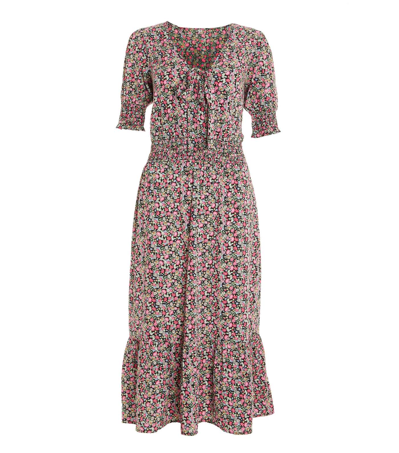 QUIZ Mid Pink Ditsy Floral Tie Front Tiered Midi Dress Image 4