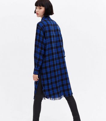 Click to view product details and reviews for Blue Check Frayed Long Oversized Shirt New Look.