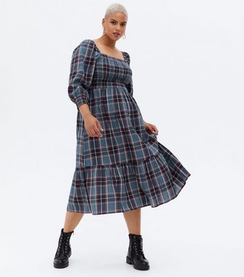 Curves Blue Check Shirred Square Neck Midi Dress New Look