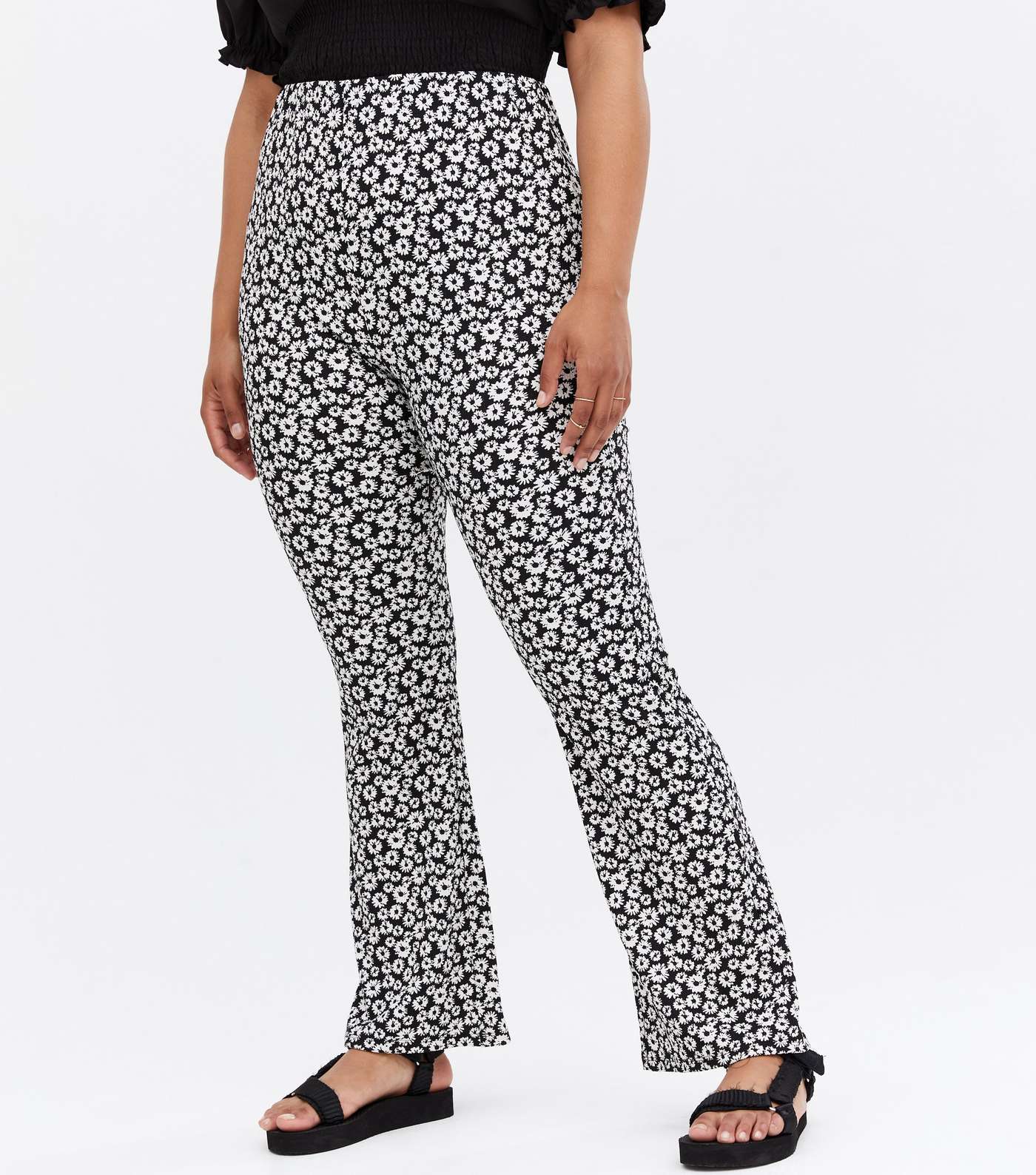 Curves Black Ditsy Floral Flared Trousers Image 2