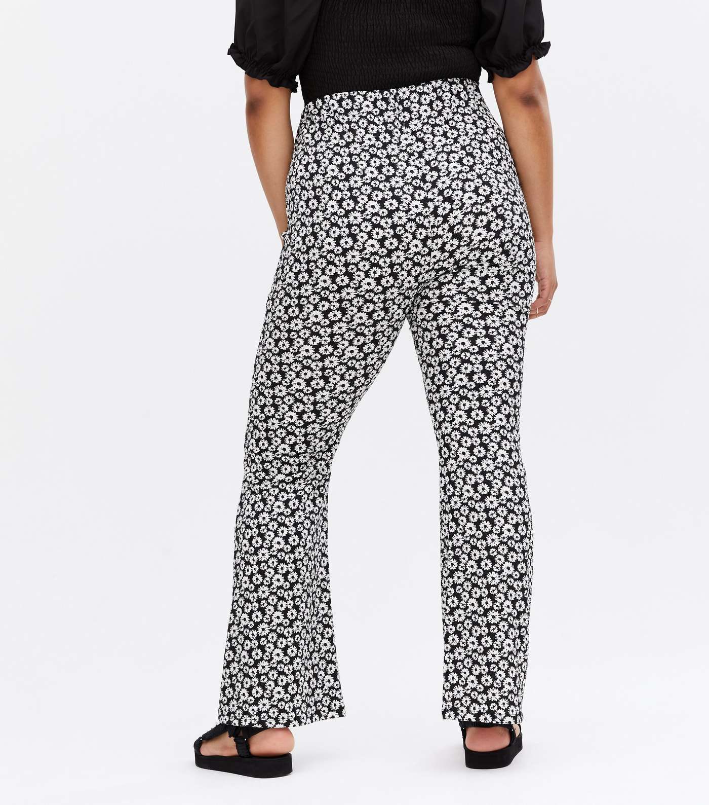 Curves Black Ditsy Floral Flared Trousers Image 4
