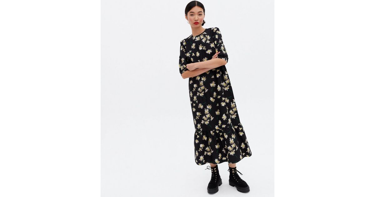 Black Daisy Poplin Tiered Oversized Smock Midi Dress | New Look
