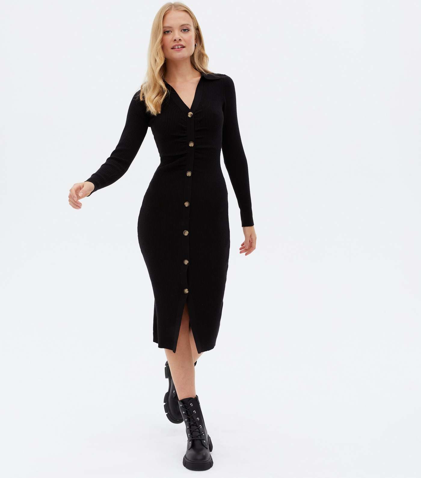Black Ribbed Knit Ruched Button Front Midi Dress Image 2