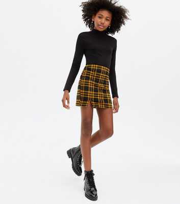 Girls Black Check Split Hem Mini Tube Skirt