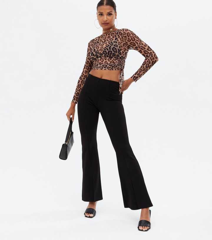 Long Top Leopard Look Side Ruched New | Print Sleeve Mesh Black