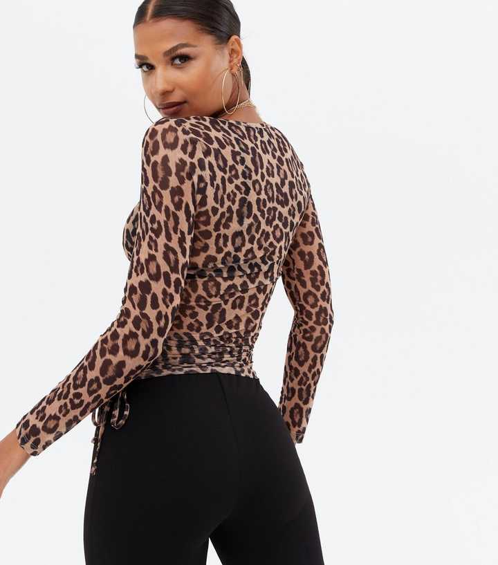 Black Leopard Print Mesh Ruched Side Long Sleeve Top | New Look