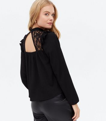 Black Textured Lace Yoke Frill High Neck Blouse | New Look