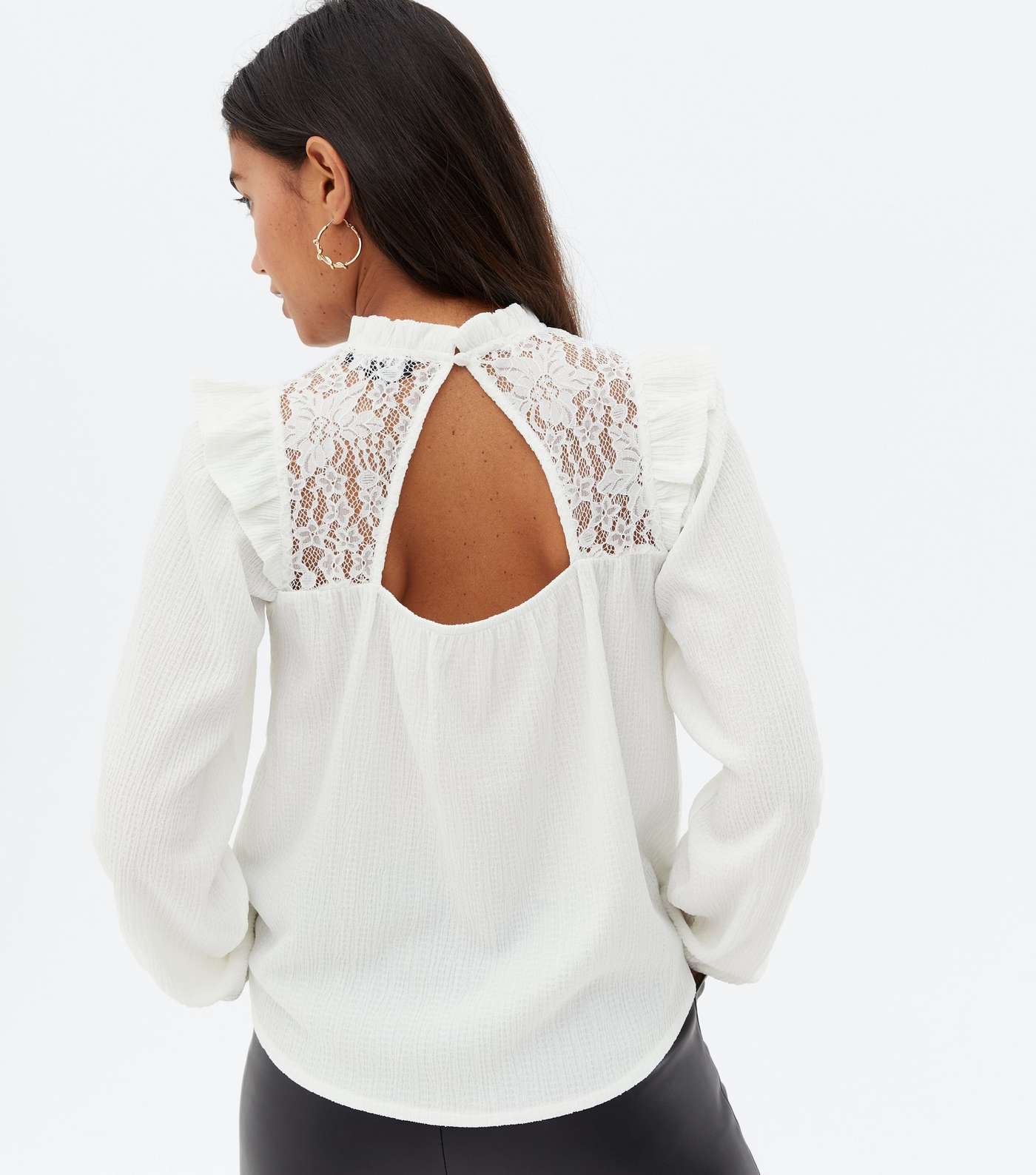 Off White Textured Lace Yoke Frill High Neck Blouse Image 4