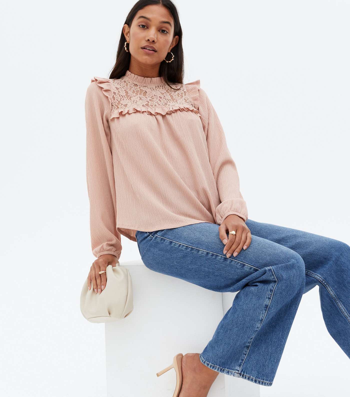 Pale Pink Textured Lace Yoke Frill High Neck Blouse
