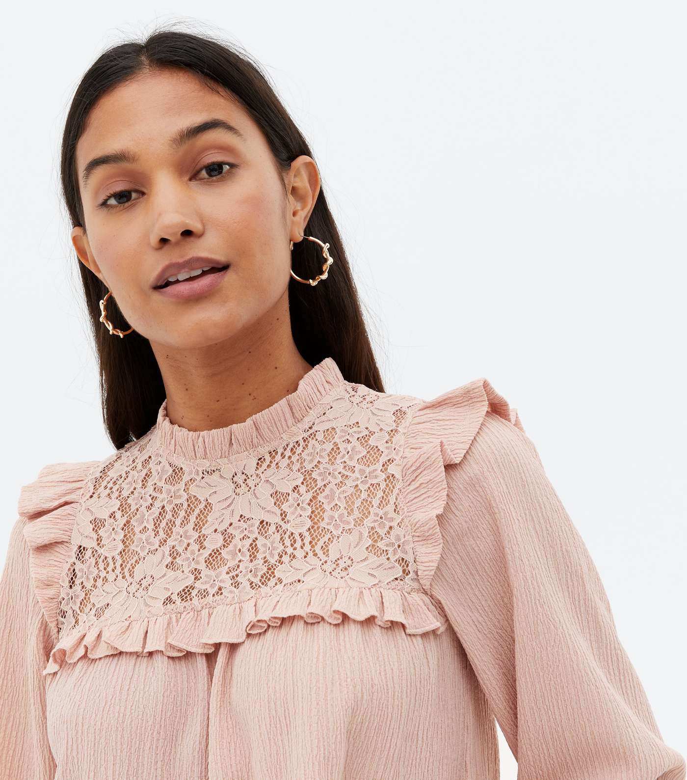Pale Pink Textured Lace Yoke Frill High Neck Blouse Image 3
