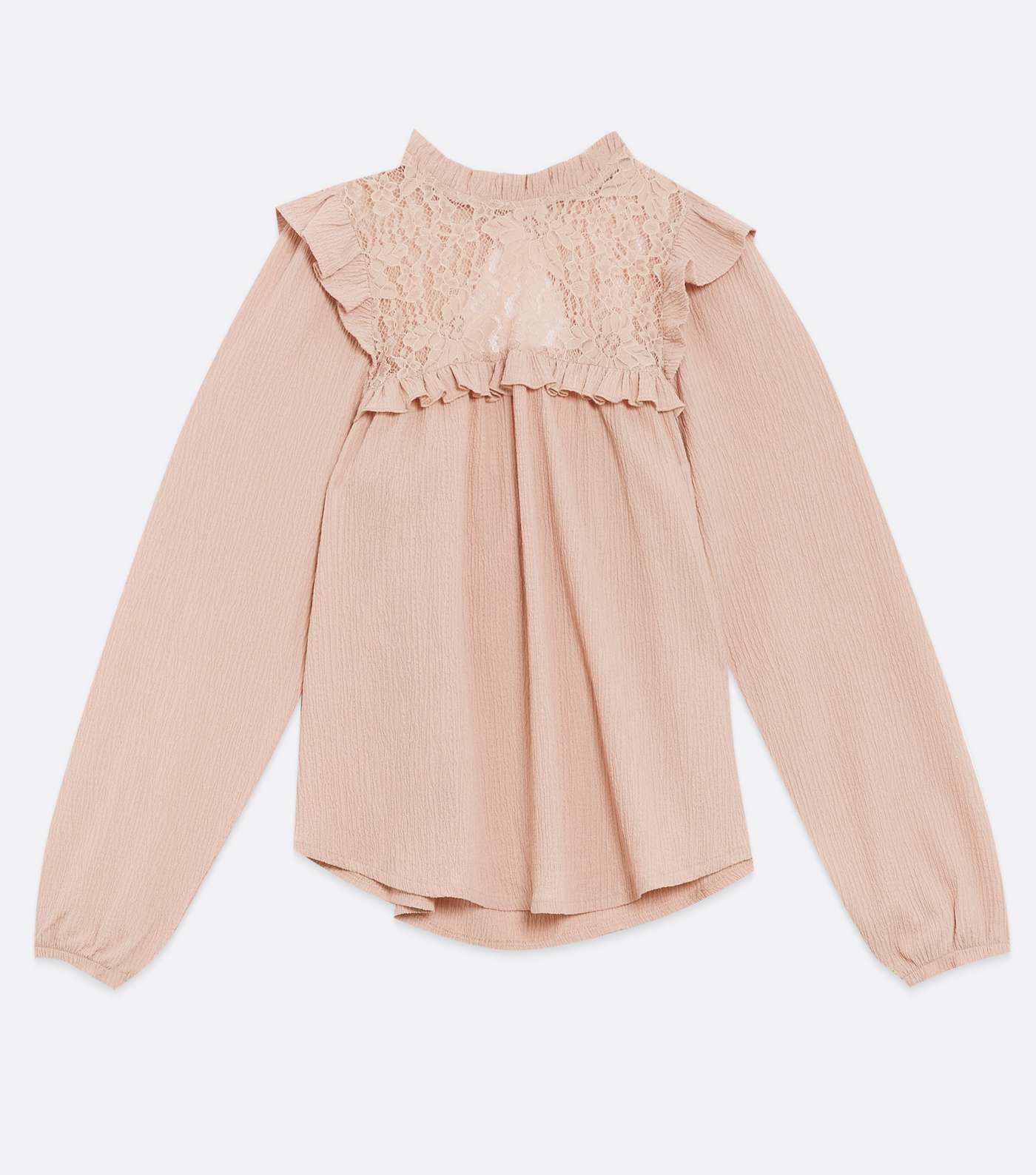 Pale Pink Textured Lace Yoke Frill High Neck Blouse Image 5