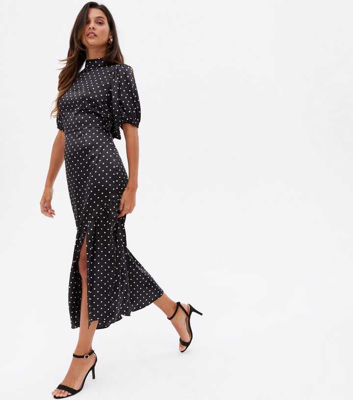 Black Spot Satin Open Back High Neck Midi Dress