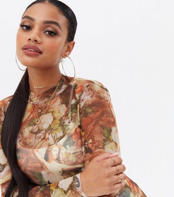 Brown Renaissance Mesh High Neck Top 