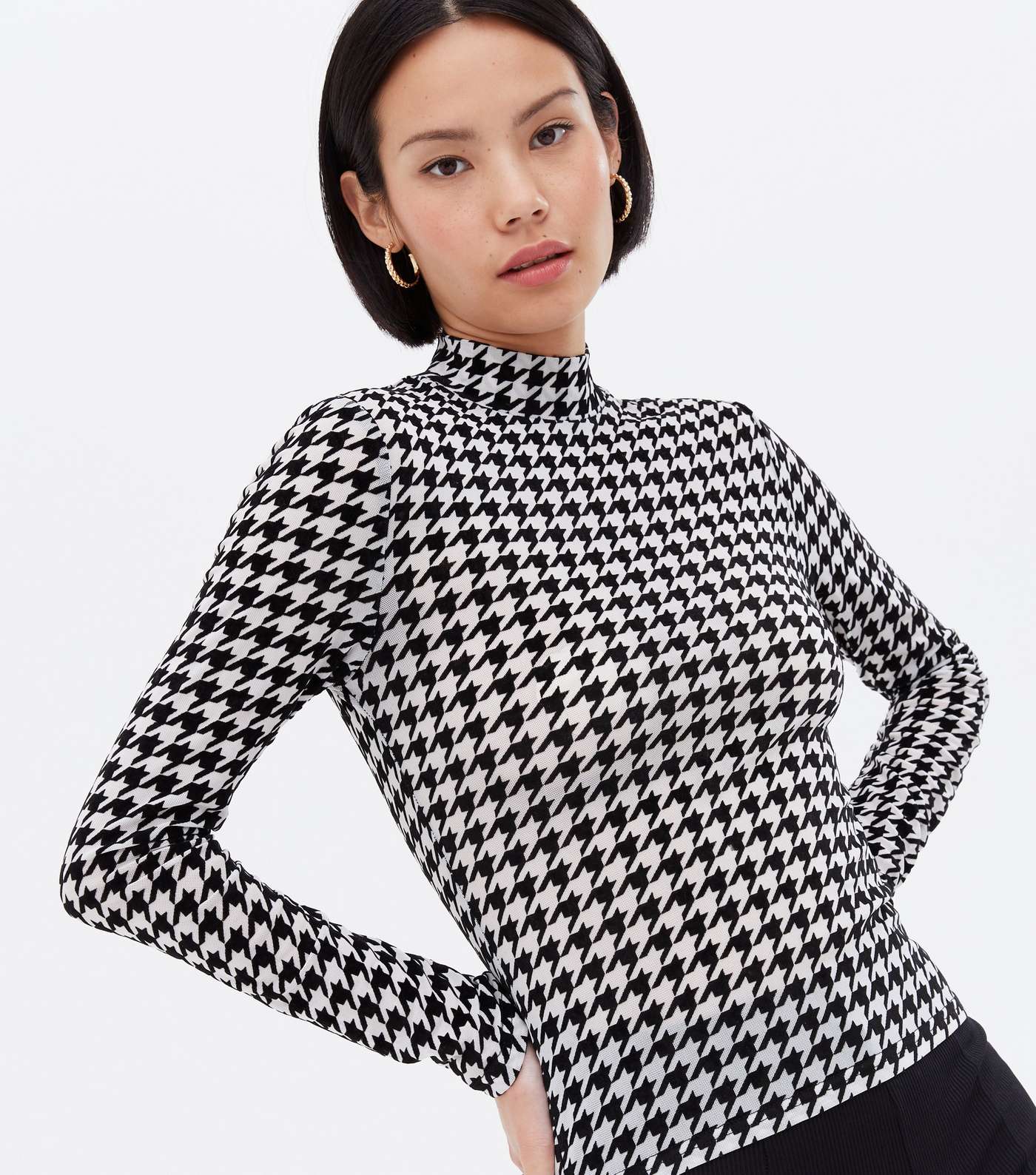 White Flocked Dogtooth Mesh High Neck Top