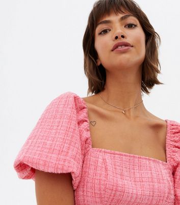 Click to view product details and reviews for Pink Check Bouclé Metallic Square Neck Mini Dress New Look.