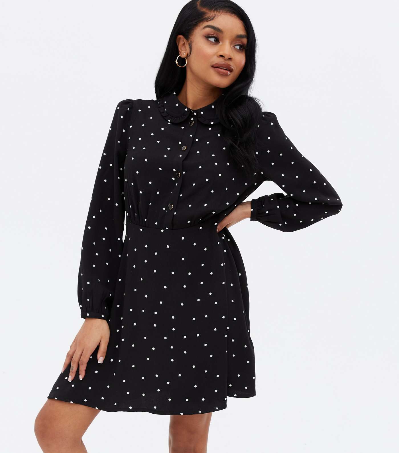 Petite Black Spot Frill Collar Mini Shirt Dress