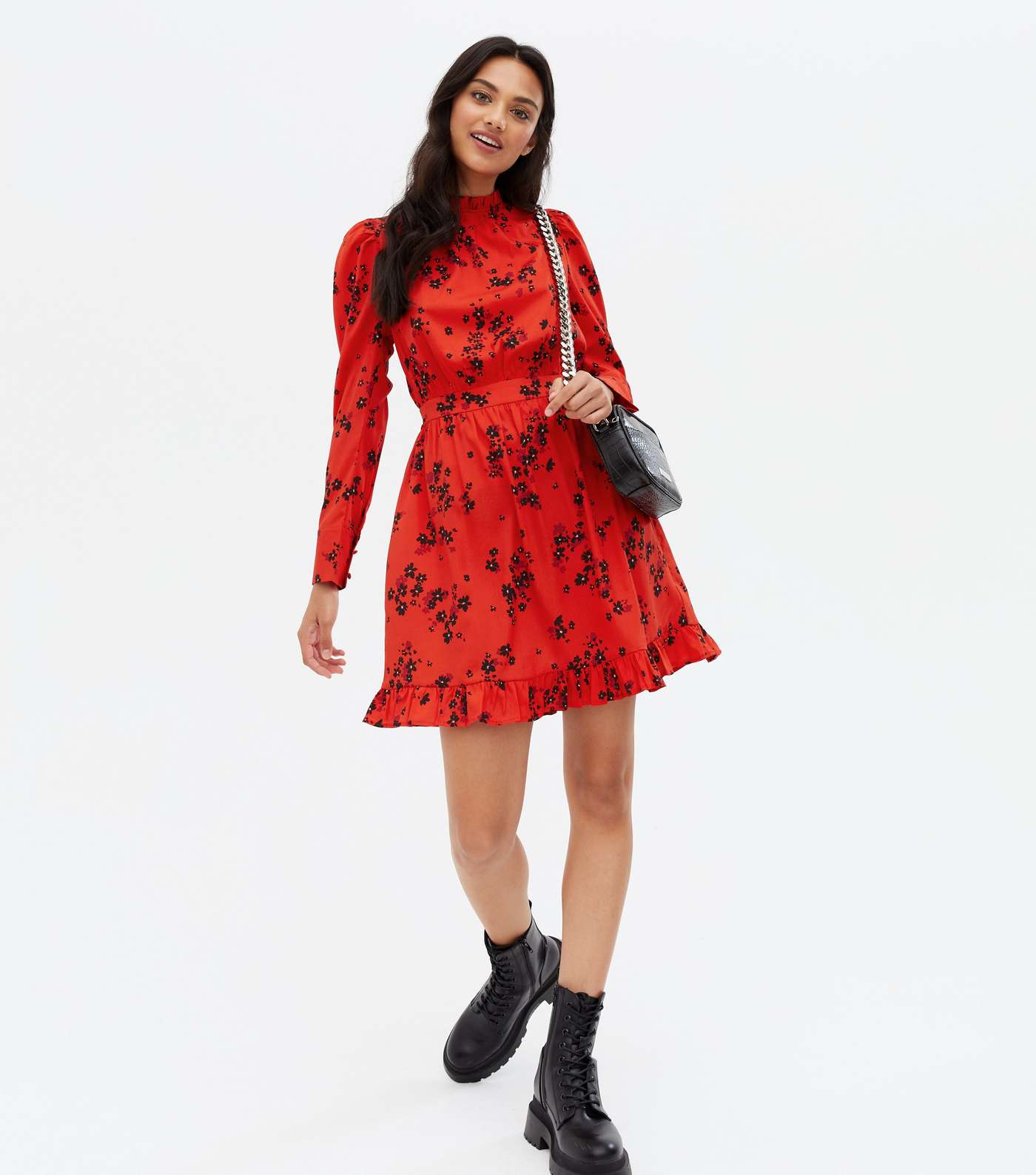 Red Ditsy Floral Frill Tie Waist Mini Dress Image 2