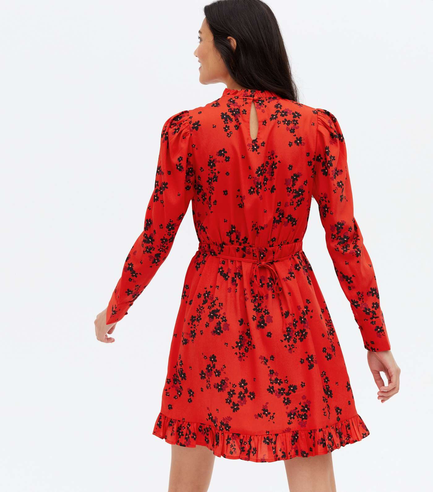 Red Ditsy Floral Frill Tie Waist Mini Dress Image 4