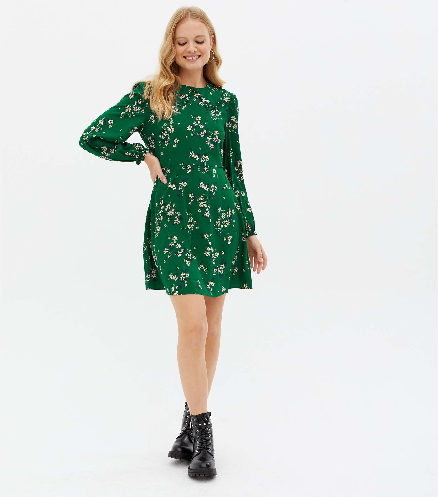 Green Ditsy Floral Frill Collar Mini Dress Image 2