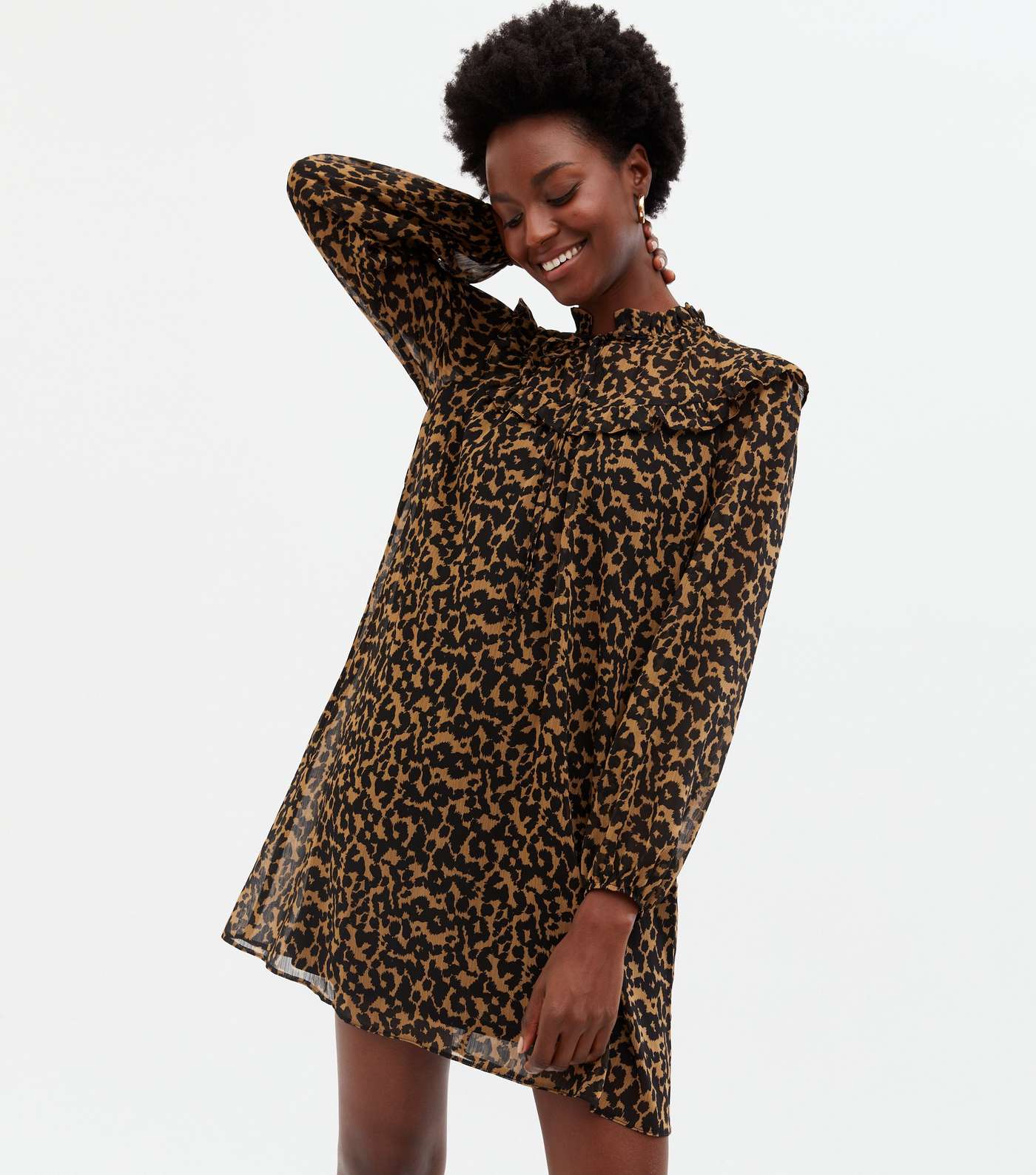Brown Leopard Print Chiffon Frill Tie High Neck Mini Dress Image 2